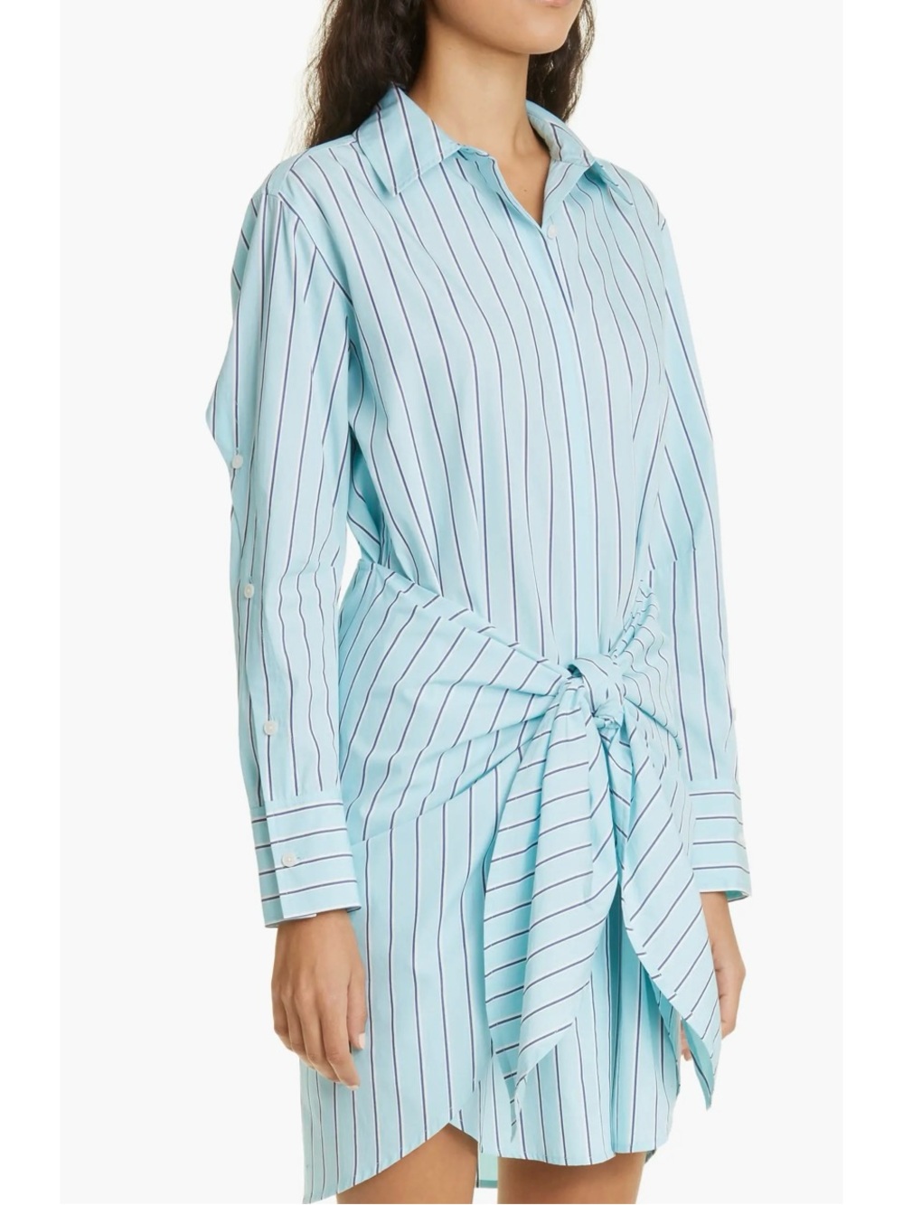 Light Blue Striped Tie-Waist Shirt Dress